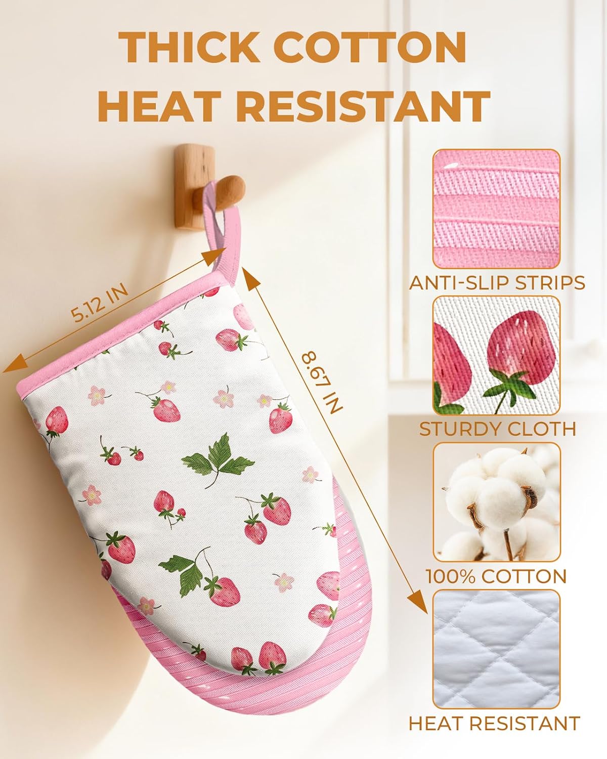 Cute Strawberry Mini Oven Mitts Set – Pink Extended Short Heat Resistant Kitchen Gloves for Women, 100% Cotton Oven Mitts with Silicone Grips, Non-Slip and Thick Durable for Cooking & Baking