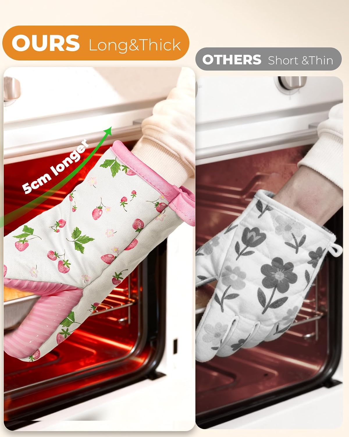 Cute Strawberry Mini Oven Mitts Set – Pink Extended Short Heat Resistant Kitchen Gloves for Women, 100% Cotton Oven Mitts with Silicone Grips, Non-Slip and Thick Durable for Cooking & Baking