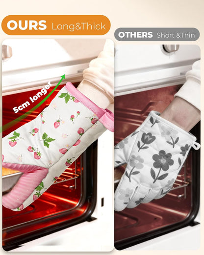 Cute Strawberry Mini Oven Mitts Set – Pink Extended Short Heat Resistant Kitchen Gloves for Women, 100% Cotton Oven Mitts with Silicone Grips, Non-Slip and Thick Durable for Cooking & Baking