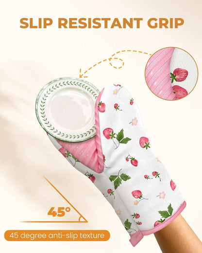 Cute Strawberry Mini Oven Mitts Set – Pink Extended Short Heat Resistant Kitchen Gloves for Women, 100% Cotton Oven Mitts with Silicone Grips, Non-Slip and Thick Durable for Cooking & Baking