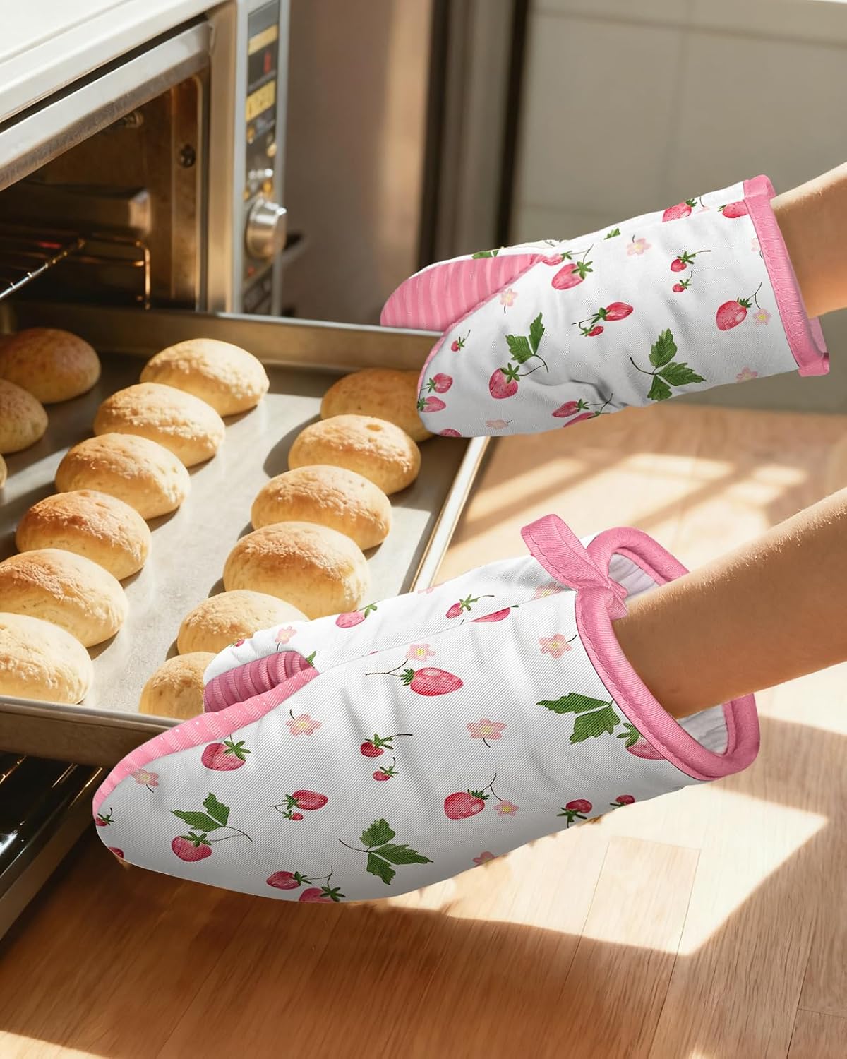 Cute Strawberry Mini Oven Mitts Set – Pink Extended Short Heat Resistant Kitchen Gloves for Women, 100% Cotton Oven Mitts with Silicone Grips, Non-Slip and Thick Durable for Cooking & Baking