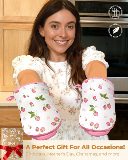Cute Strawberry Mini Oven Mitts Set – Pink Extended Short Heat Resistant Kitchen Gloves for Women, 100% Cotton Oven Mitts with Silicone Grips, Non-Slip and Thick Durable for Cooking & Baking