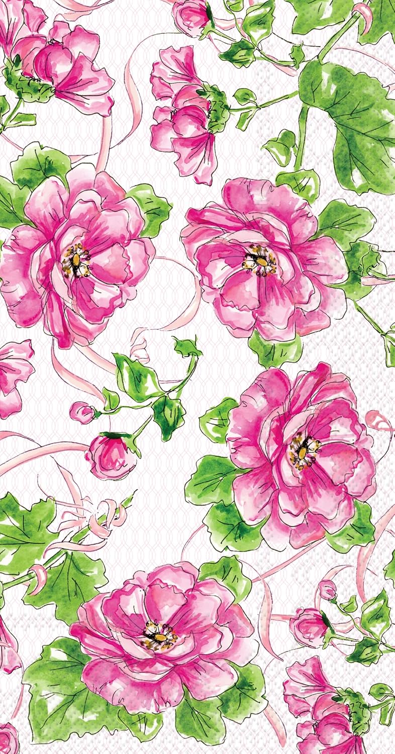 IHR Ideal Home Range Rosanne Beck Dinner Napkins Disposable 3-Ply Paper Guest Hand Towels, 8.25" x 4.5", Pink Garden Party, 16-Count