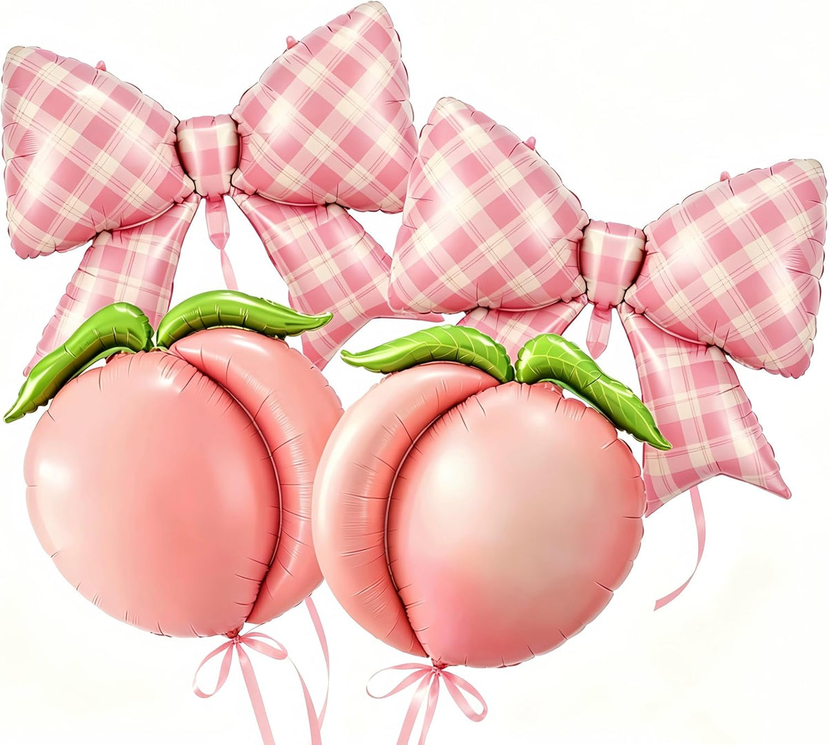 4Pcs Pink Peach Bow Gingham Balloons/One Sweet Peach Birthday Decorations/Pea*ch Birthday Party Decor for Girls Princess/Sweet As A Peach Party/Pink Fruit Baby Shower, Summer Picnic Wedding Decor