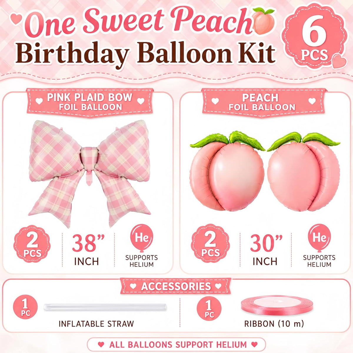 4Pcs Pink Peach Bow Gingham Balloons/One Sweet Peach Birthday Decorations/Pea*ch Birthday Party Decor for Girls Princess/Sweet As A Peach Party/Pink Fruit Baby Shower, Summer Picnic Wedding Decor