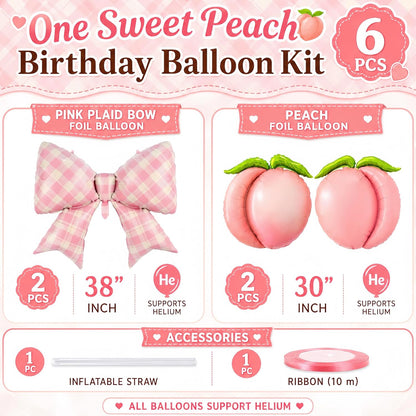 4Pcs Pink Peach Bow Gingham Balloons/One Sweet Peach Birthday Decorations/Pea*ch Birthday Party Decor for Girls Princess/Sweet As A Peach Party/Pink Fruit Baby Shower, Summer Picnic Wedding Decor