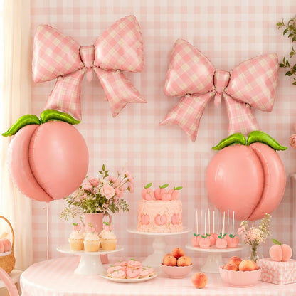4Pcs Pink Peach Bow Gingham Balloons/One Sweet Peach Birthday Decorations/Pea*ch Birthday Party Decor for Girls Princess/Sweet As A Peach Party/Pink Fruit Baby Shower, Summer Picnic Wedding Decor