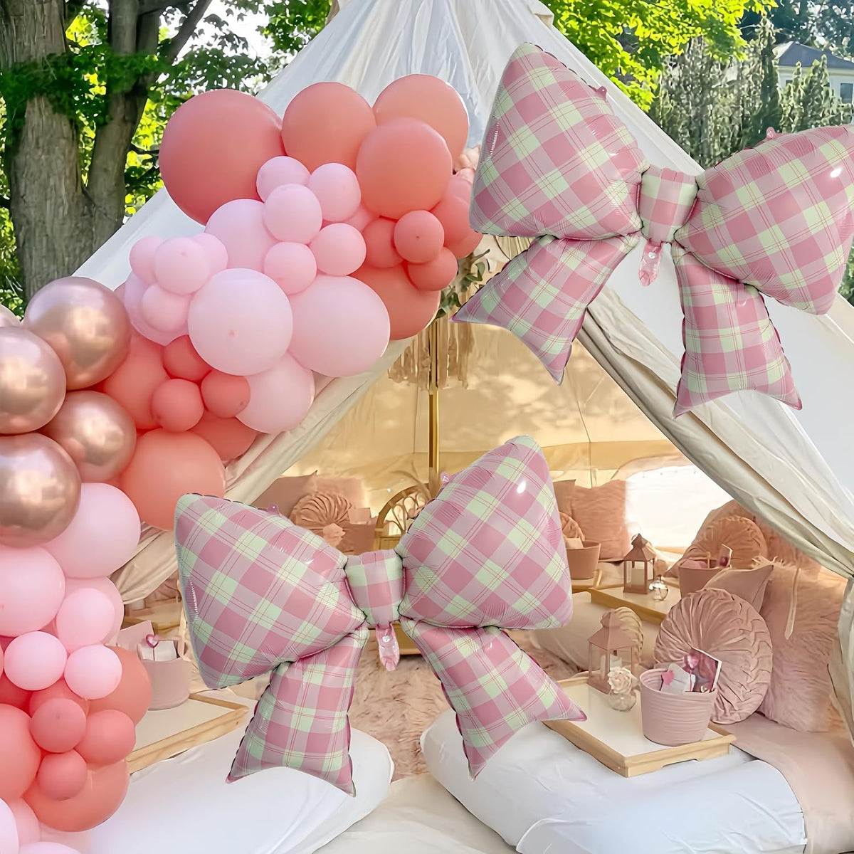 4Pcs Pink Peach Bow Gingham Balloons/One Sweet Peach Birthday Decorations/Pea*ch Birthday Party Decor for Girls Princess/Sweet As A Peach Party/Pink Fruit Baby Shower, Summer Picnic Wedding Decor