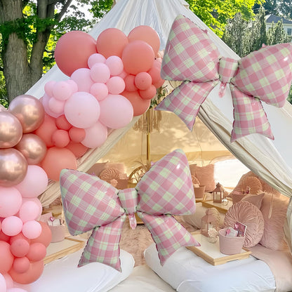 4Pcs Pink Peach Bow Gingham Balloons/One Sweet Peach Birthday Decorations/Pea*ch Birthday Party Decor for Girls Princess/Sweet As A Peach Party/Pink Fruit Baby Shower, Summer Picnic Wedding Decor