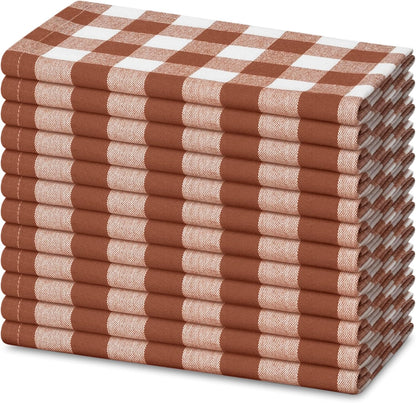 Blue Needles Gingham Buffalo Plaid Cloth Napkins 100% Cotton Set of 12 Dinner Table Napkins 18x18 inch Soft, Reusable, Washable Perfect for Spring Summer Easter & Everyday Use - Nut Brown & White