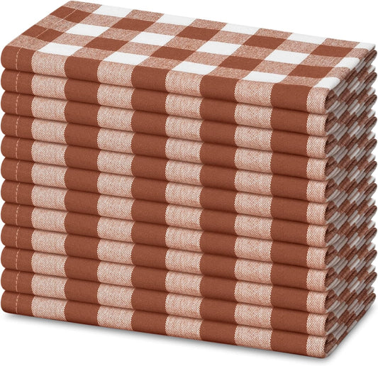 Blue Needles Gingham Buffalo Plaid Cloth Napkins 100% Cotton Set of 12 Dinner Table Napkins 18x18 inch Soft, Reusable, Washable Perfect for Spring Summer Easter & Everyday Use - Nut Brown & White