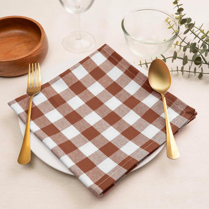 Blue Needles Gingham Buffalo Plaid Cloth Napkins 100% Cotton Set of 12 Dinner Table Napkins 18x18 inch Soft, Reusable, Washable Perfect for Spring Summer Easter & Everyday Use - Nut Brown & White
