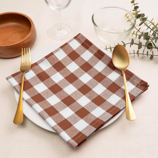 Blue Needles Gingham Buffalo Plaid Cloth Napkins 100% Cotton Set of 12 Dinner Table Napkins 18x18 inch Soft, Reusable, Washable Perfect for Spring Summer Easter & Everyday Use - Nut Brown & White