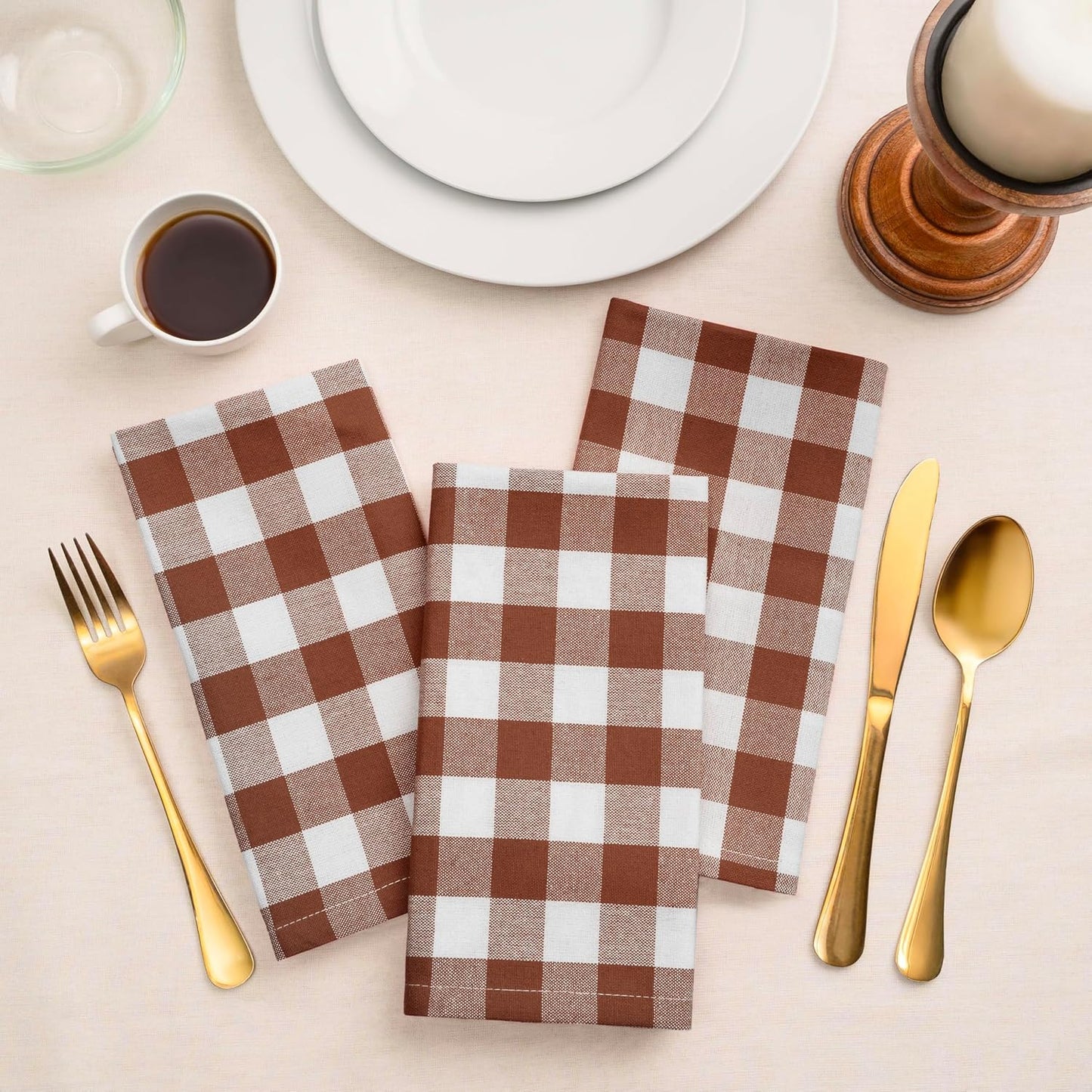 Blue Needles Gingham Buffalo Plaid Cloth Napkins 100% Cotton Set of 12 Dinner Table Napkins 18x18 inch Soft, Reusable, Washable Perfect for Spring Summer Easter & Everyday Use - Nut Brown & White