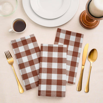 Blue Needles Gingham Buffalo Plaid Cloth Napkins 100% Cotton Set of 12 Dinner Table Napkins 18x18 inch Soft, Reusable, Washable Perfect for Spring Summer Easter & Everyday Use - Nut Brown & White