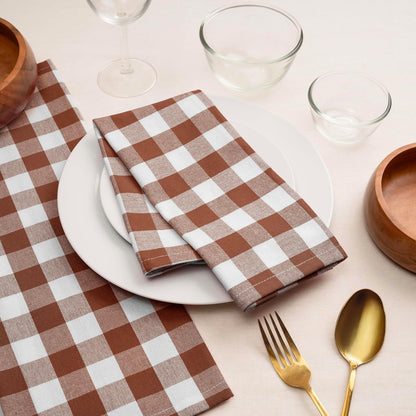 Blue Needles Gingham Buffalo Plaid Cloth Napkins 100% Cotton Set of 12 Dinner Table Napkins 18x18 inch Soft, Reusable, Washable Perfect for Spring Summer Easter & Everyday Use - Nut Brown & White