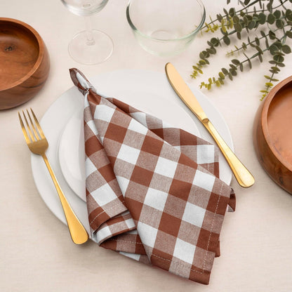 Blue Needles Gingham Buffalo Plaid Cloth Napkins 100% Cotton Set of 12 Dinner Table Napkins 18x18 inch Soft, Reusable, Washable Perfect for Spring Summer Easter & Everyday Use - Nut Brown & White
