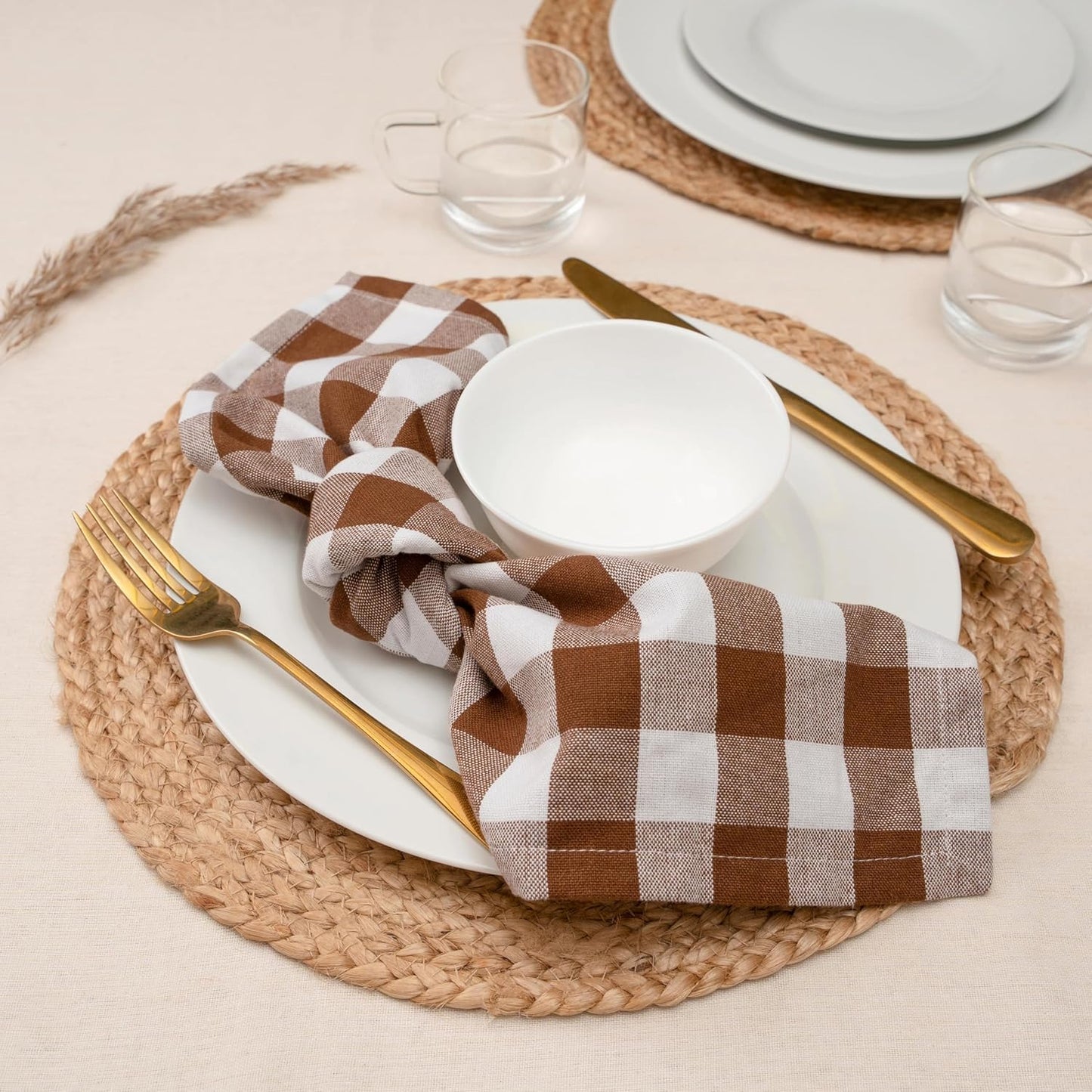 Blue Needles Gingham Buffalo Plaid Cloth Napkins 100% Cotton Set of 12 Dinner Table Napkins 18x18 inch Soft, Reusable, Washable Perfect for Spring Summer Easter & Everyday Use - Nut Brown & White