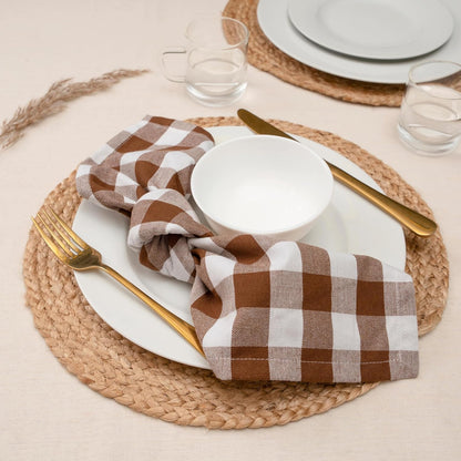 Blue Needles Gingham Buffalo Plaid Cloth Napkins 100% Cotton Set of 12 Dinner Table Napkins 18x18 inch Soft, Reusable, Washable Perfect for Spring Summer Easter & Everyday Use - Nut Brown & White