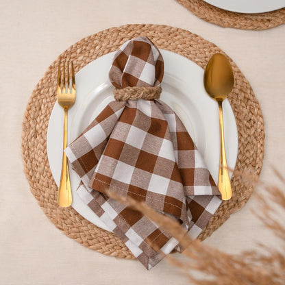 Blue Needles Gingham Buffalo Plaid Cloth Napkins 100% Cotton Set of 12 Dinner Table Napkins 18x18 inch Soft, Reusable, Washable Perfect for Spring Summer Easter & Everyday Use - Nut Brown & White