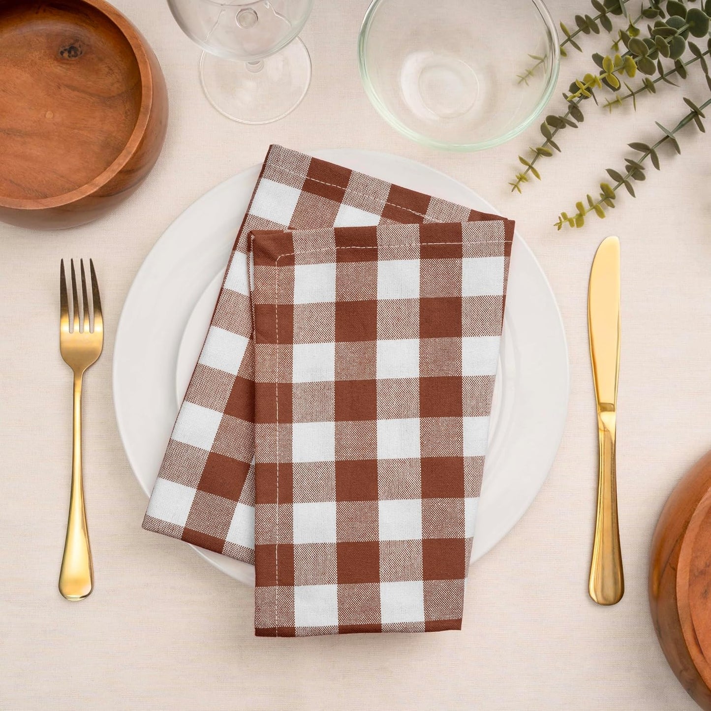 Blue Needles Gingham Buffalo Plaid Cloth Napkins 100% Cotton Set of 12 Dinner Table Napkins 18x18 inch Soft, Reusable, Washable Perfect for Spring Summer Easter & Everyday Use - Nut Brown & White