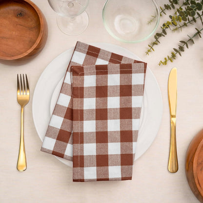 Blue Needles Gingham Buffalo Plaid Cloth Napkins 100% Cotton Set of 12 Dinner Table Napkins 18x18 inch Soft, Reusable, Washable Perfect for Spring Summer Easter & Everyday Use - Nut Brown & White