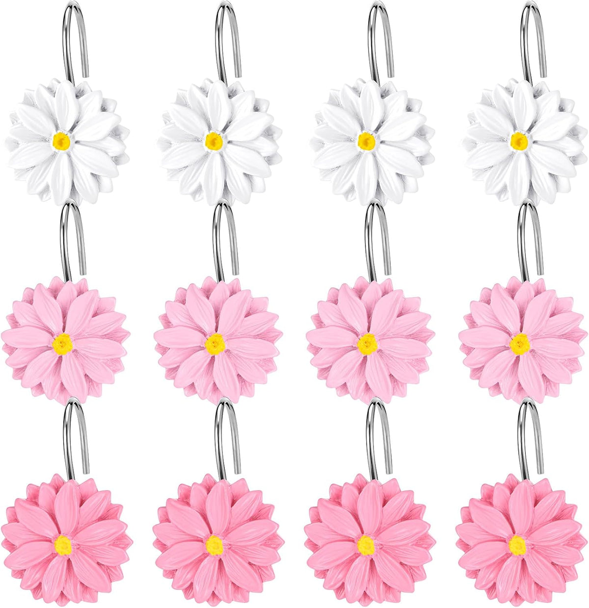 12 PCS Daisy Flower Shower Curtain Hooks Floral Decorative Curtain Hanger Rings Bathroom Curtain Hooks Living Room Bedroom Decor (deep Pink, Soft Pink, White)