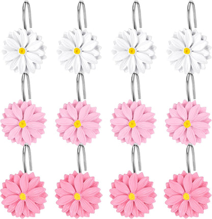 12 PCS Daisy Flower Shower Curtain Hooks Floral Decorative Curtain Hanger Rings Bathroom Curtain Hooks Living Room Bedroom Decor (deep Pink, Soft Pink, White)