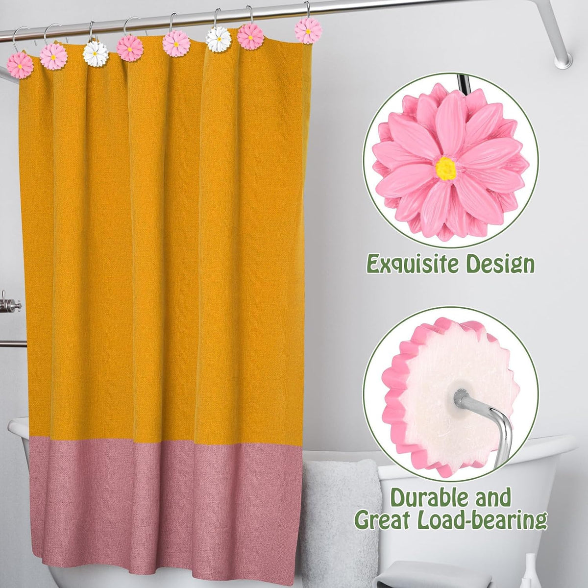 12 PCS Daisy Flower Shower Curtain Hooks Floral Decorative Curtain Hanger Rings Bathroom Curtain Hooks Living Room Bedroom Decor (deep Pink, Soft Pink, White)