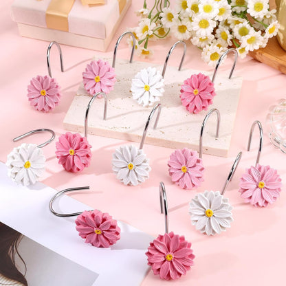 12 PCS Daisy Flower Shower Curtain Hooks Floral Decorative Curtain Hanger Rings Bathroom Curtain Hooks Living Room Bedroom Decor (deep Pink, Soft Pink, White)