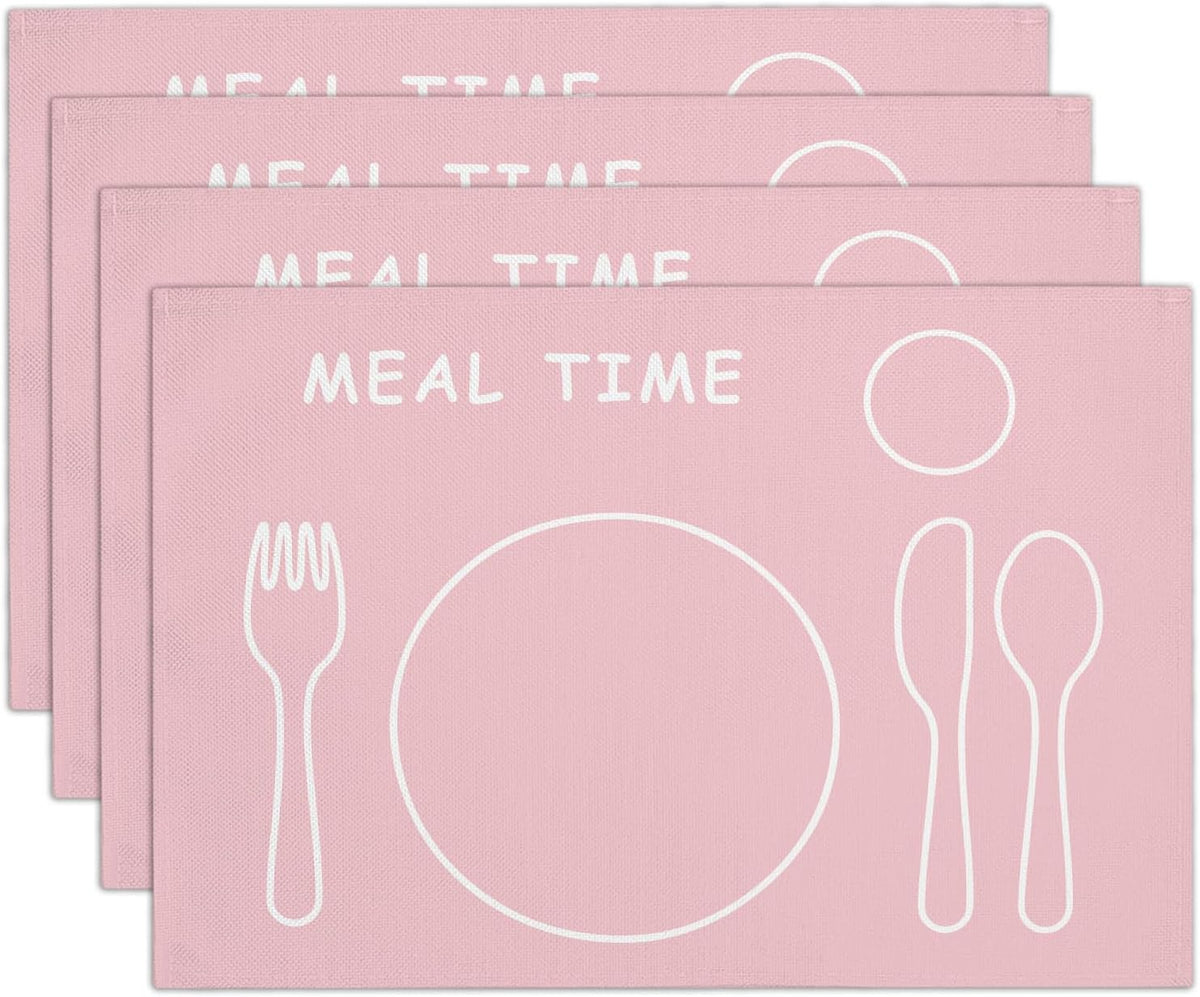 Placemats Set of 4 for Boys and Girls, Heat Resistant Placemats Wrinkle Free Place Mats for Dining Table, Cotton Linen Table Mats for Indoor & Outdoor, 12x18 inch (Meal Time - Pink)
