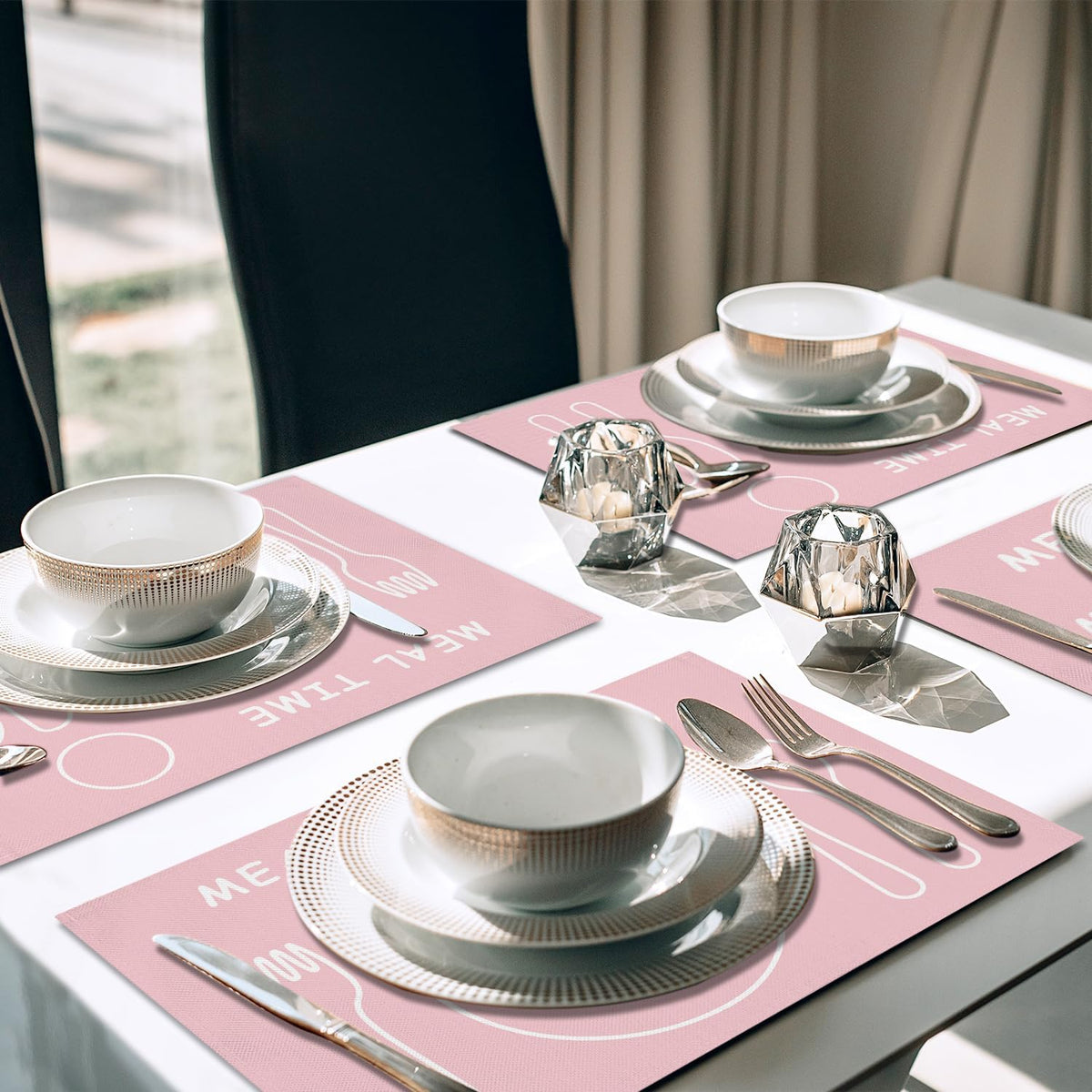 Placemats Set of 4 for Boys and Girls, Heat Resistant Placemats Wrinkle Free Place Mats for Dining Table, Cotton Linen Table Mats for Indoor & Outdoor, 12x18 inch (Meal Time - Pink)
