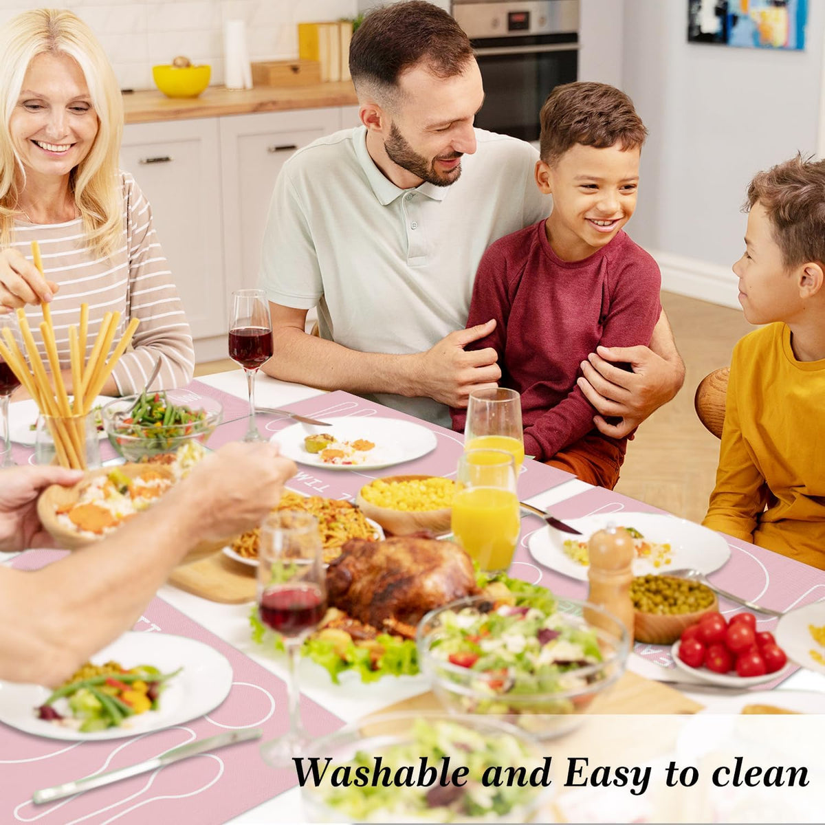 Placemats Set of 4 for Boys and Girls, Heat Resistant Placemats Wrinkle Free Place Mats for Dining Table, Cotton Linen Table Mats for Indoor & Outdoor, 12x18 inch (Meal Time - Pink)
