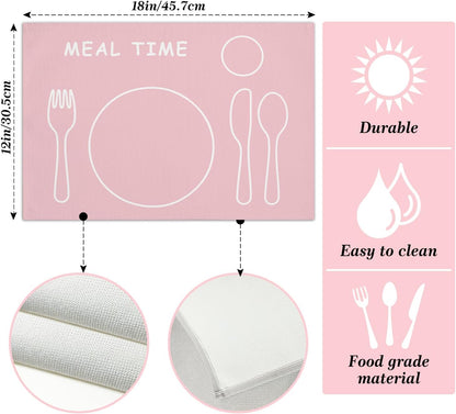Placemats Set of 4 for Boys and Girls, Heat Resistant Placemats Wrinkle Free Place Mats for Dining Table, Cotton Linen Table Mats for Indoor & Outdoor, 12x18 inch (Meal Time - Pink)