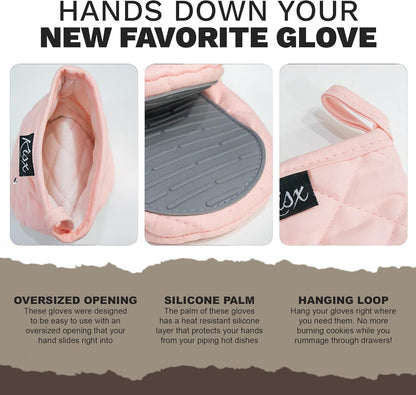 Pink Silicone Oven Mitts & Pot Holders Set - Heat Resistant, Mini Kitchen Gloves for Cooking