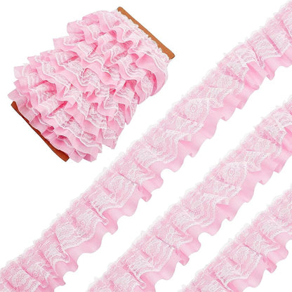 11 Yards Pink Double-Layer Pleated Chiffon Lace Trim 5cm Wide 2-Layer Gathered Ruffle Trim Edging Tulle Trimmings Fabric Ribbon Jacquard lace for DIY Sewing Crafts Pillowcase Embellishments