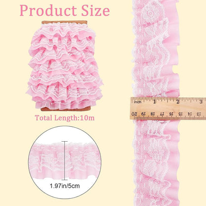 11 Yards Pink Double-Layer Pleated Chiffon Lace Trim 5cm Wide 2-Layer Gathered Ruffle Trim Edging Tulle Trimmings Fabric Ribbon Jacquard lace for DIY Sewing Crafts Pillowcase Embellishments
