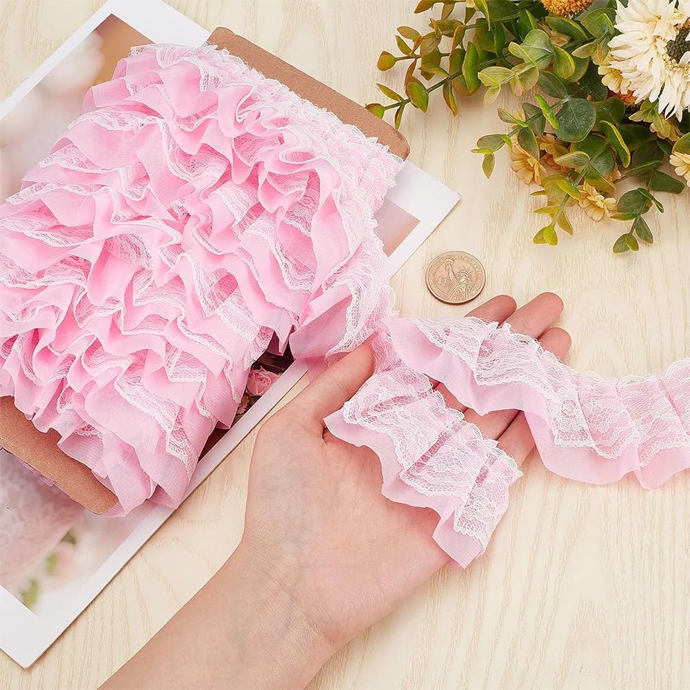 11 Yards Pink Double-Layer Pleated Chiffon Lace Trim 5cm Wide 2-Layer Gathered Ruffle Trim Edging Tulle Trimmings Fabric Ribbon Jacquard lace for DIY Sewing Crafts Pillowcase Embellishments