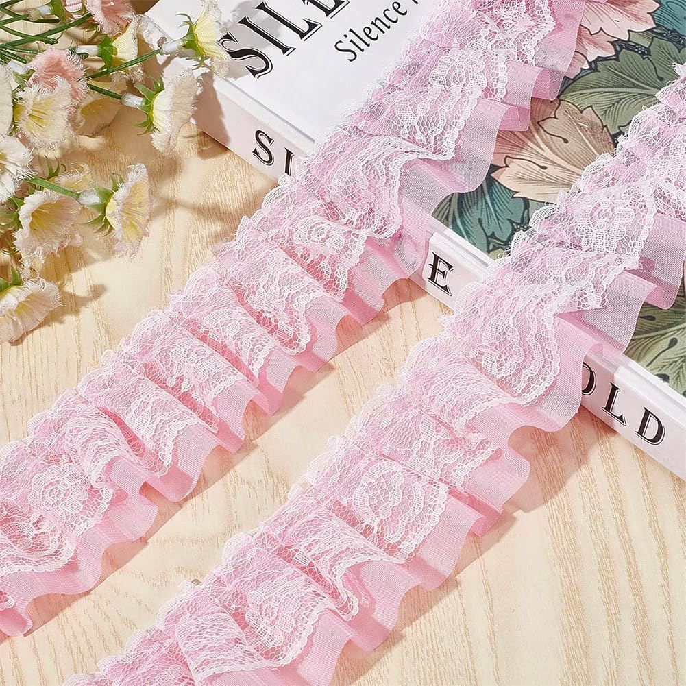 11 Yards Pink Double-Layer Pleated Chiffon Lace Trim 5cm Wide 2-Layer Gathered Ruffle Trim Edging Tulle Trimmings Fabric Ribbon Jacquard lace for DIY Sewing Crafts Pillowcase Embellishments