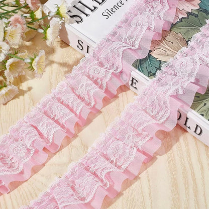 11 Yards Pink Double-Layer Pleated Chiffon Lace Trim 5cm Wide 2-Layer Gathered Ruffle Trim Edging Tulle Trimmings Fabric Ribbon Jacquard lace for DIY Sewing Crafts Pillowcase Embellishments