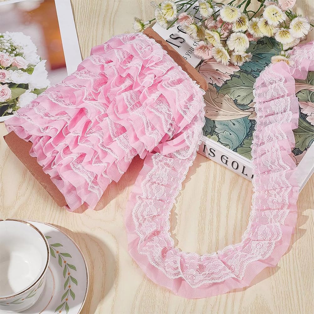 11 Yards Pink Double-Layer Pleated Chiffon Lace Trim 5cm Wide 2-Layer Gathered Ruffle Trim Edging Tulle Trimmings Fabric Ribbon Jacquard lace for DIY Sewing Crafts Pillowcase Embellishments