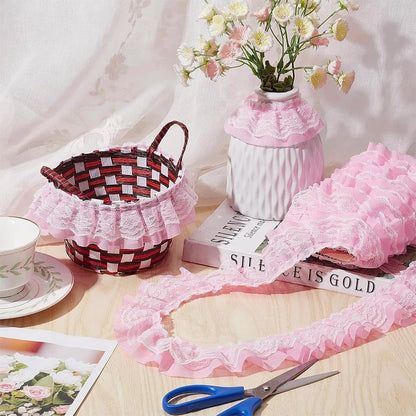 11 Yards Pink Double-Layer Pleated Chiffon Lace Trim 5cm Wide 2-Layer Gathered Ruffle Trim Edging Tulle Trimmings Fabric Ribbon Jacquard lace for DIY Sewing Crafts Pillowcase Embellishments