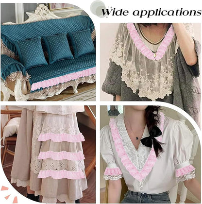 11 Yards Pink Double-Layer Pleated Chiffon Lace Trim 5cm Wide 2-Layer Gathered Ruffle Trim Edging Tulle Trimmings Fabric Ribbon Jacquard lace for DIY Sewing Crafts Pillowcase Embellishments