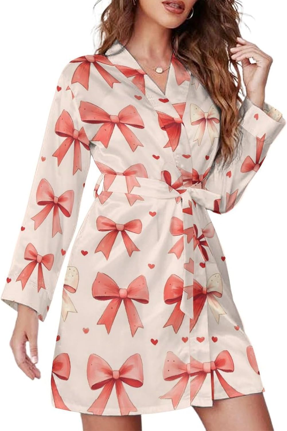 Pink Bow Print Short Robes for Women - Bathrobe Nightgown Sleepwear Loungewear Dressing Gown