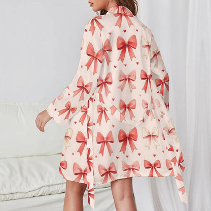 Pink Bow Print Short Robes for Women - Bathrobe Nightgown Sleepwear Loungewear Dressing Gown