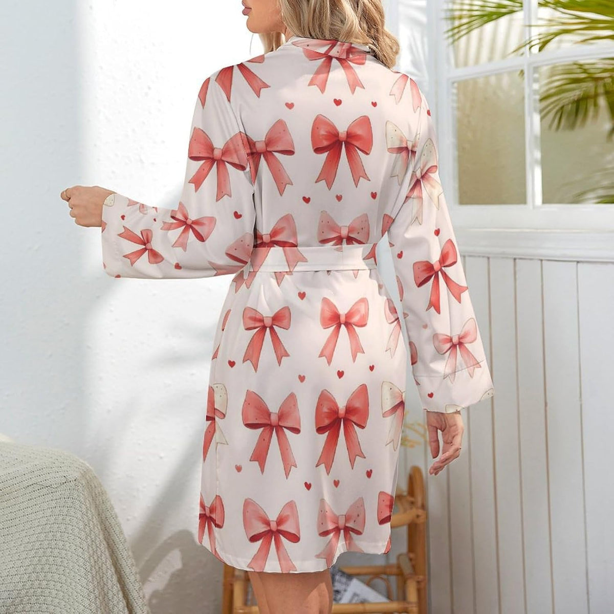 Pink Bow Print Short Robes for Women - Bathrobe Nightgown Sleepwear Loungewear Dressing Gown