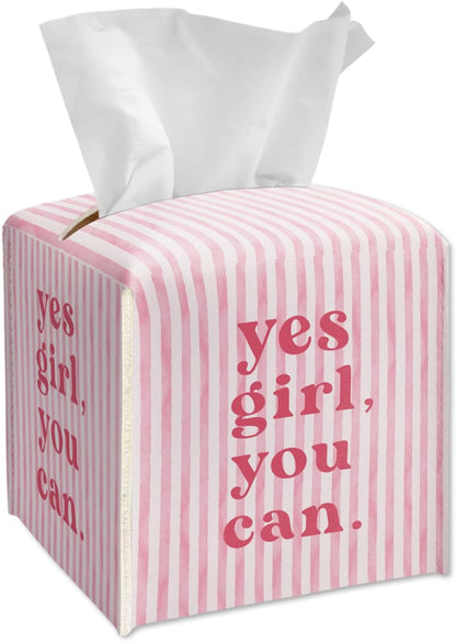 Pink Tissue Box Cover Square - Yes Girl You Can Tissue Box Holder with Bottom Belt, Leather Facial Paper Holder Decor for Bathroom Vanity Countertop, Nightstands, Dining Table, Office, Car -06