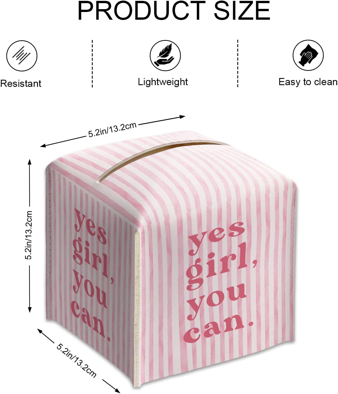 Pink Tissue Box Cover Square - Yes Girl You Can Tissue Box Holder with Bottom Belt, Leather Facial Paper Holder Decor for Bathroom Vanity Countertop, Nightstands, Dining Table, Office, Car -06