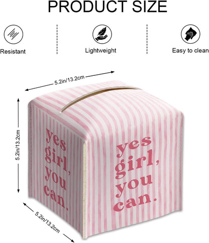 Pink Tissue Box Cover Square - Yes Girl You Can Tissue Box Holder with Bottom Belt, Leather Facial Paper Holder Decor for Bathroom Vanity Countertop, Nightstands, Dining Table, Office, Car -06