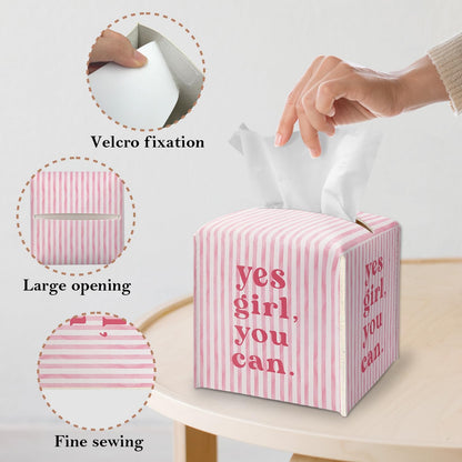 Pink Tissue Box Cover Square - Yes Girl You Can Tissue Box Holder with Bottom Belt, Leather Facial Paper Holder Decor for Bathroom Vanity Countertop, Nightstands, Dining Table, Office, Car -06